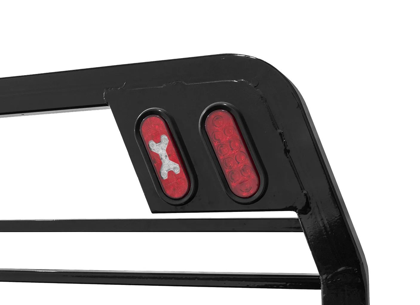 Truck flatbed hitch and toolbox options Truck flatbed hitch, toolbox, and lighting details